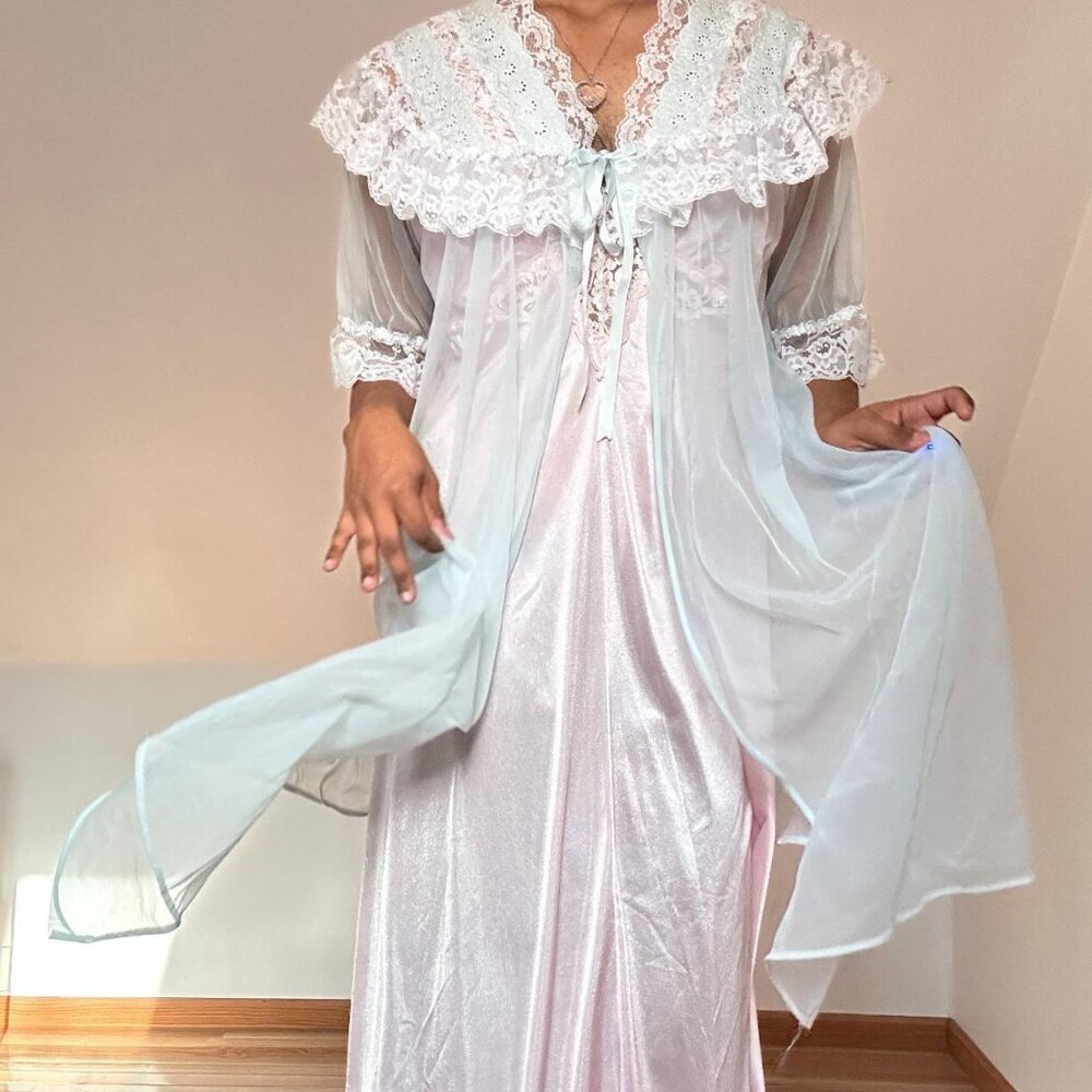 Berrette Blue White Lace Sleep Robe One Size